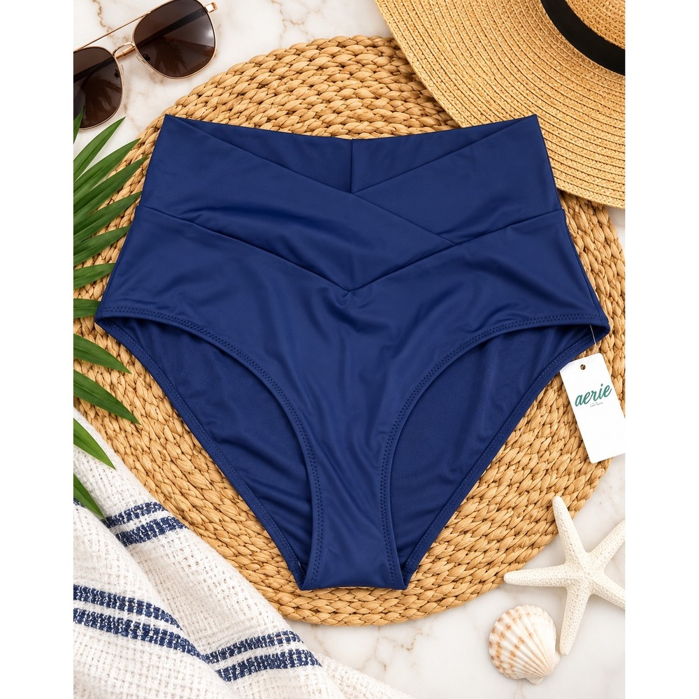Aerie High Waisted Crossover Full Coverage Bikini Bottom Navy Small NWT